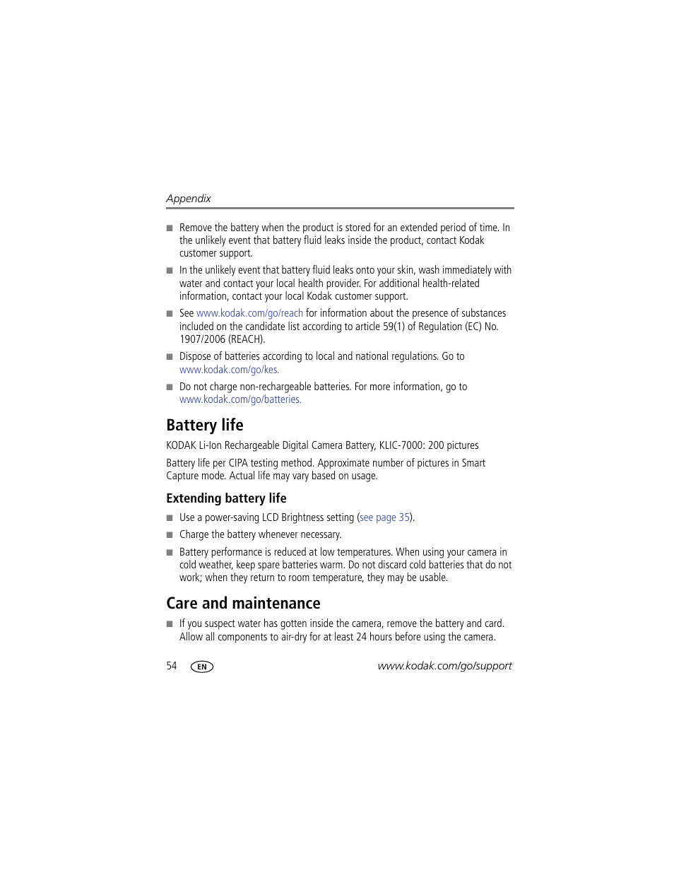 Battery life, Extending battery life, Care and maintenance | Battery life care and maintenance, E lens | Kodak SLICE User Manual | Page 60 / 70