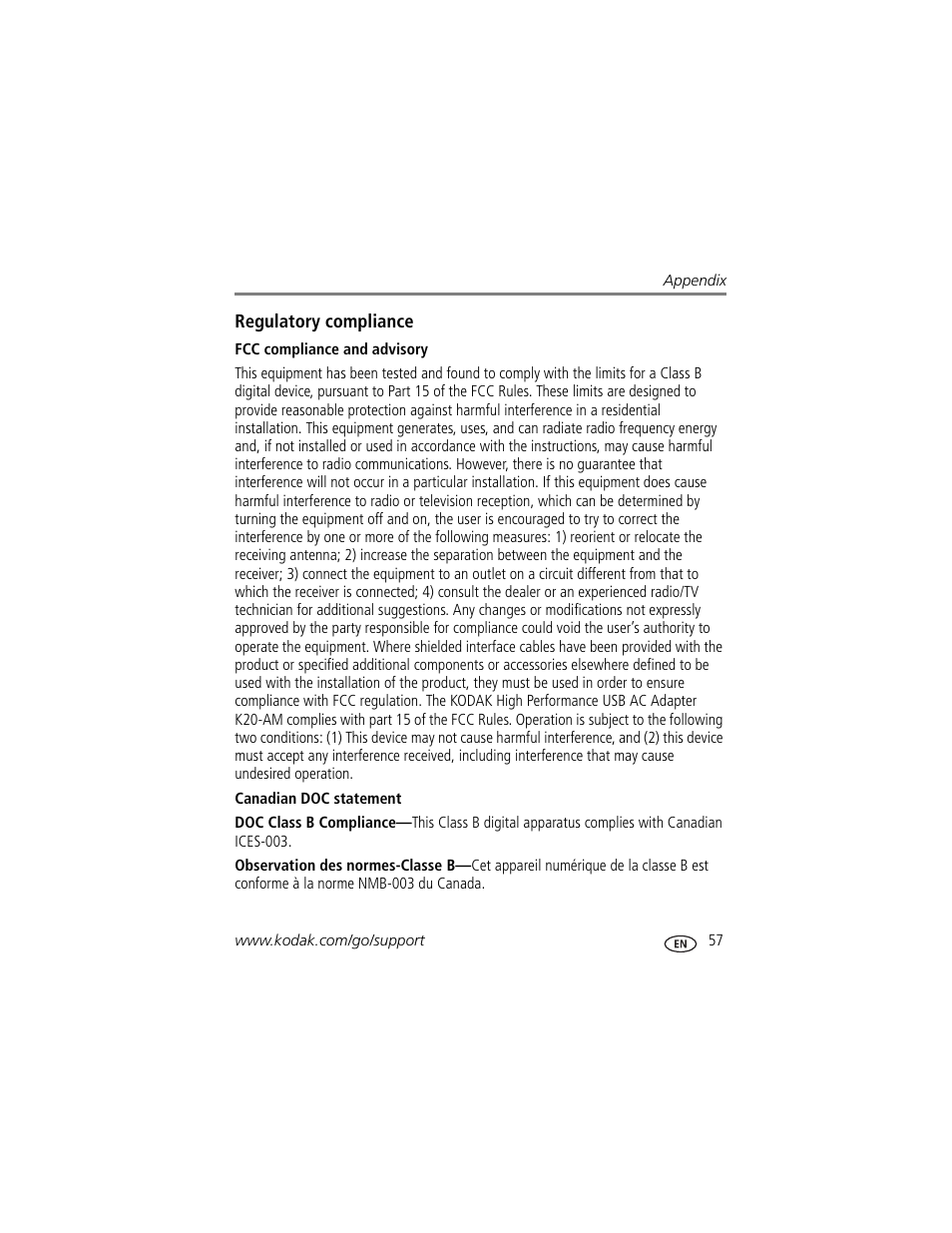 Regulatory compliance, Fcc compliance and advisory, Canadian doc statement | Kodak SLICE User Manual | Page 63 / 70