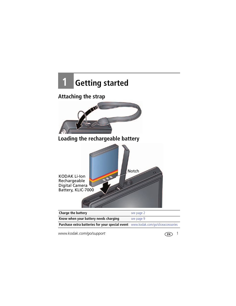 Getting started, Attaching the strap, Loading the rechargeable battery | 1 getting started | Kodak SLICE User Manual | Page 7 / 70