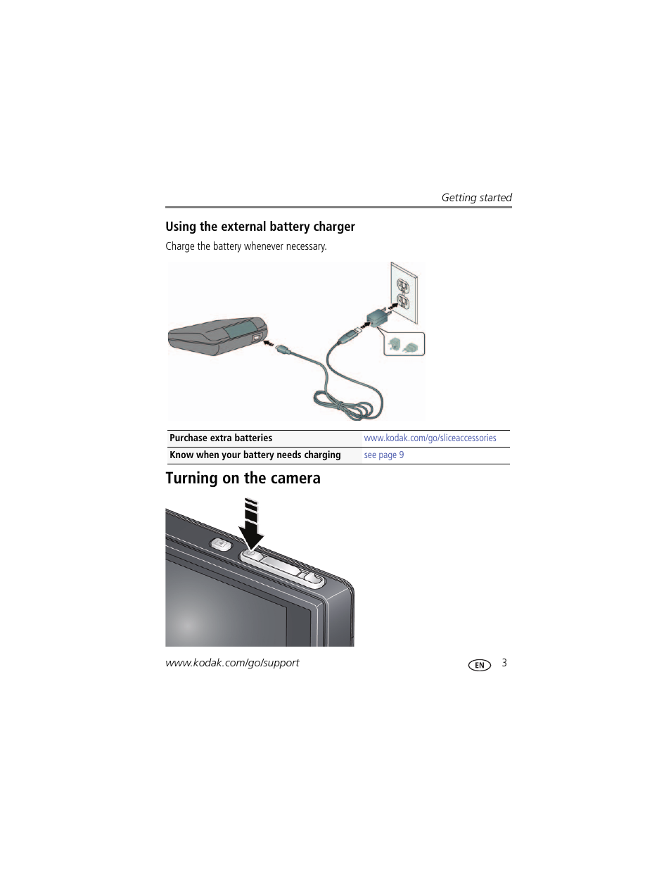 Using the external battery charger, Turning on the camera | Kodak SLICE User Manual | Page 9 / 70