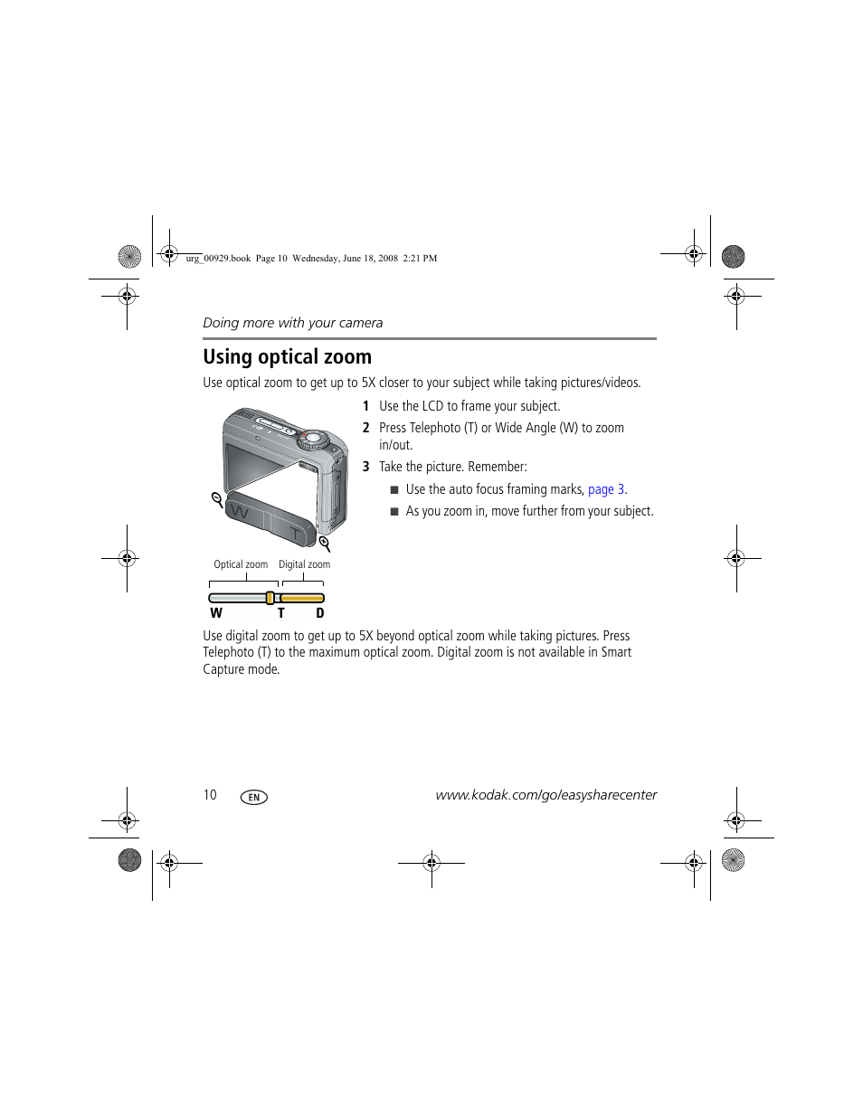 Using optical zoom | Kodak Z1485 IS User Manual | Page 10 / 29