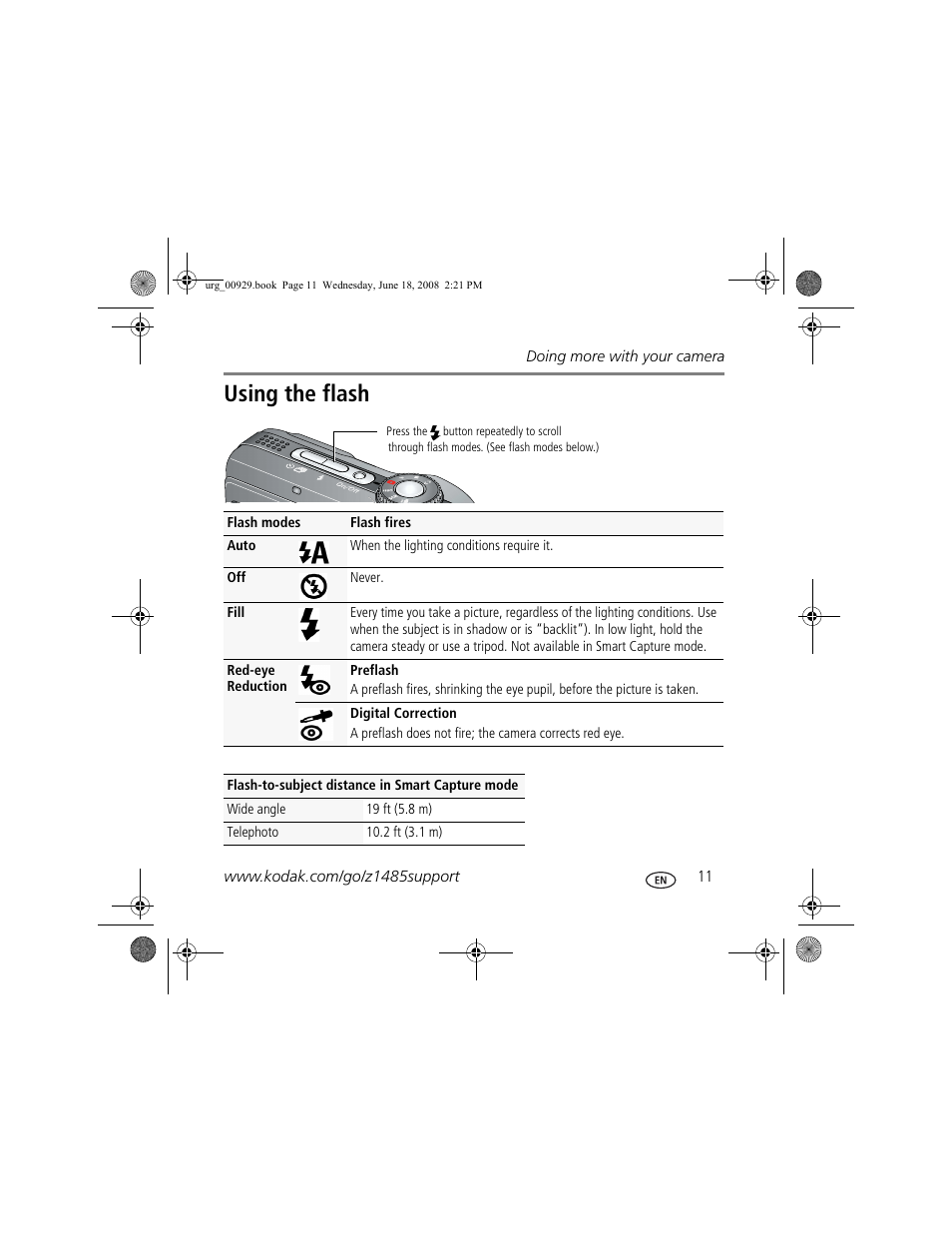Using the flash | Kodak Z1485 IS User Manual | Page 11 / 29