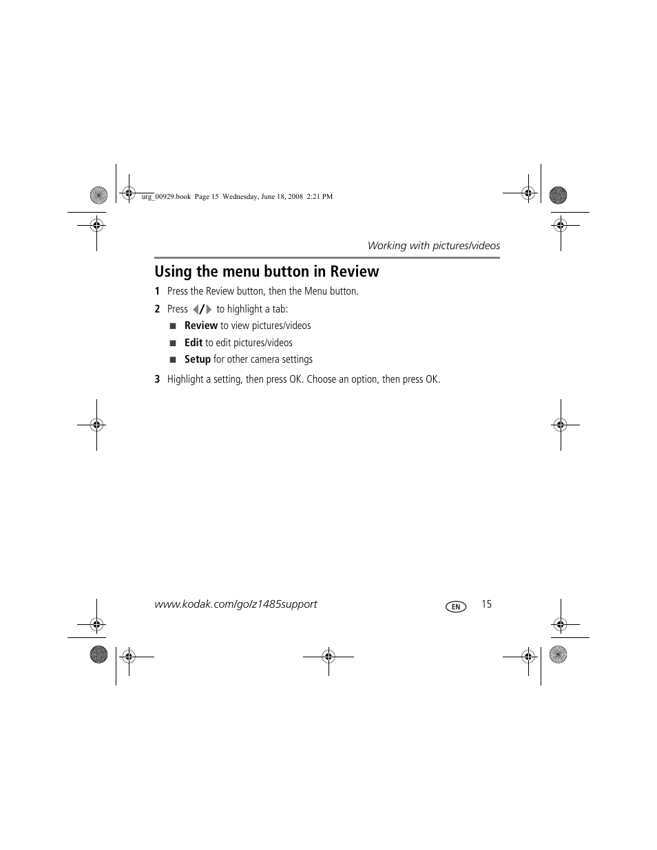 Using the menu button in review | Kodak Z1485 IS User Manual | Page 15 / 29