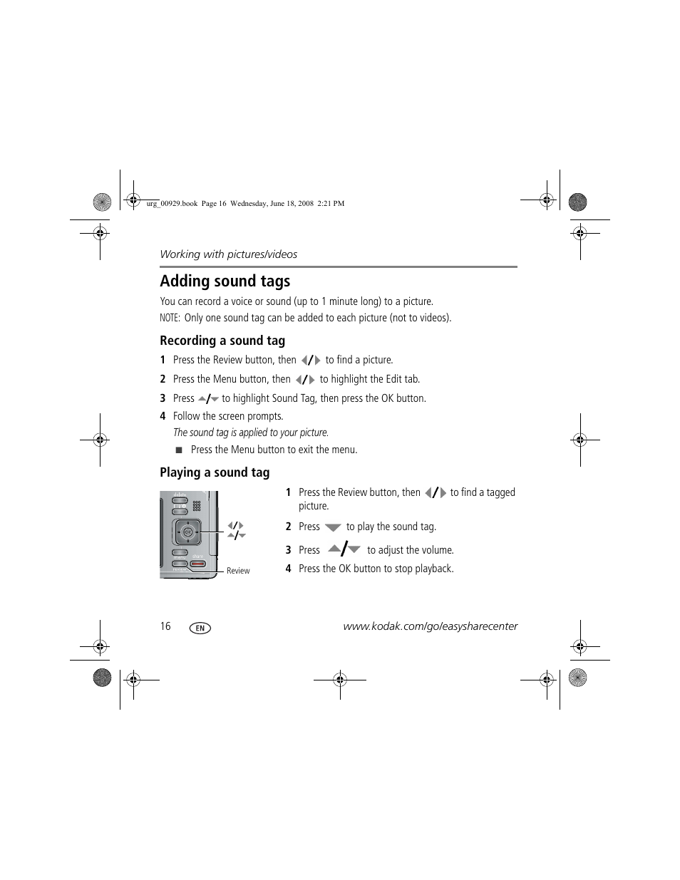 Adding sound tags | Kodak Z1485 IS User Manual | Page 16 / 29