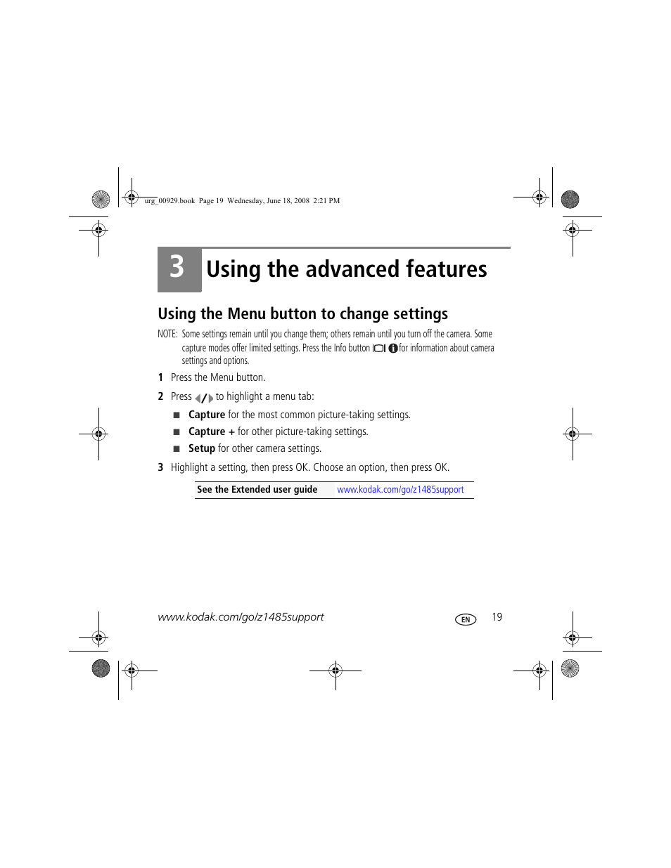 Using the advanced features, Using the menu button to change settings | Kodak Z1485 IS User Manual | Page 19 / 29