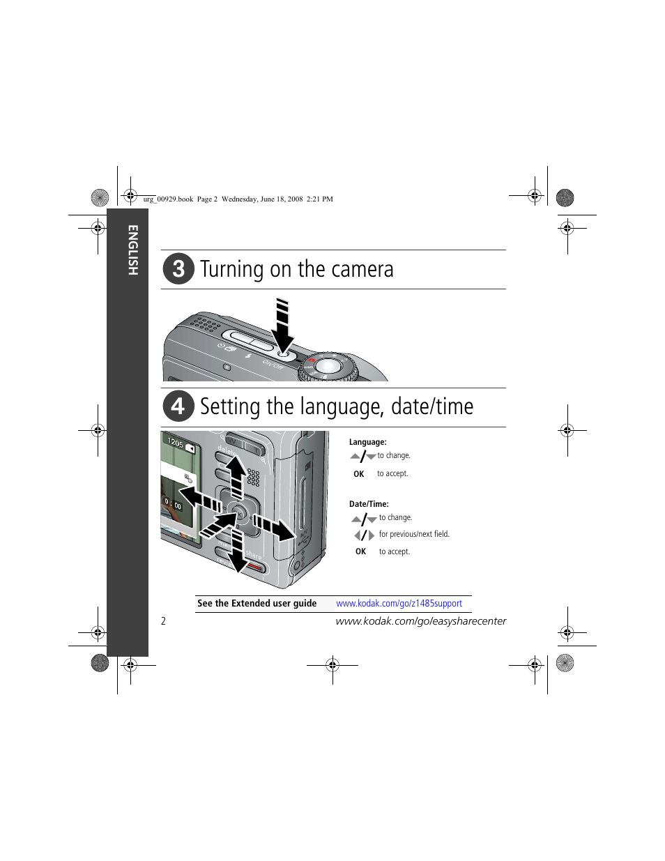 Turning on the camera, Setting the language, date/time | Kodak Z1485 IS User Manual | Page 2 / 29