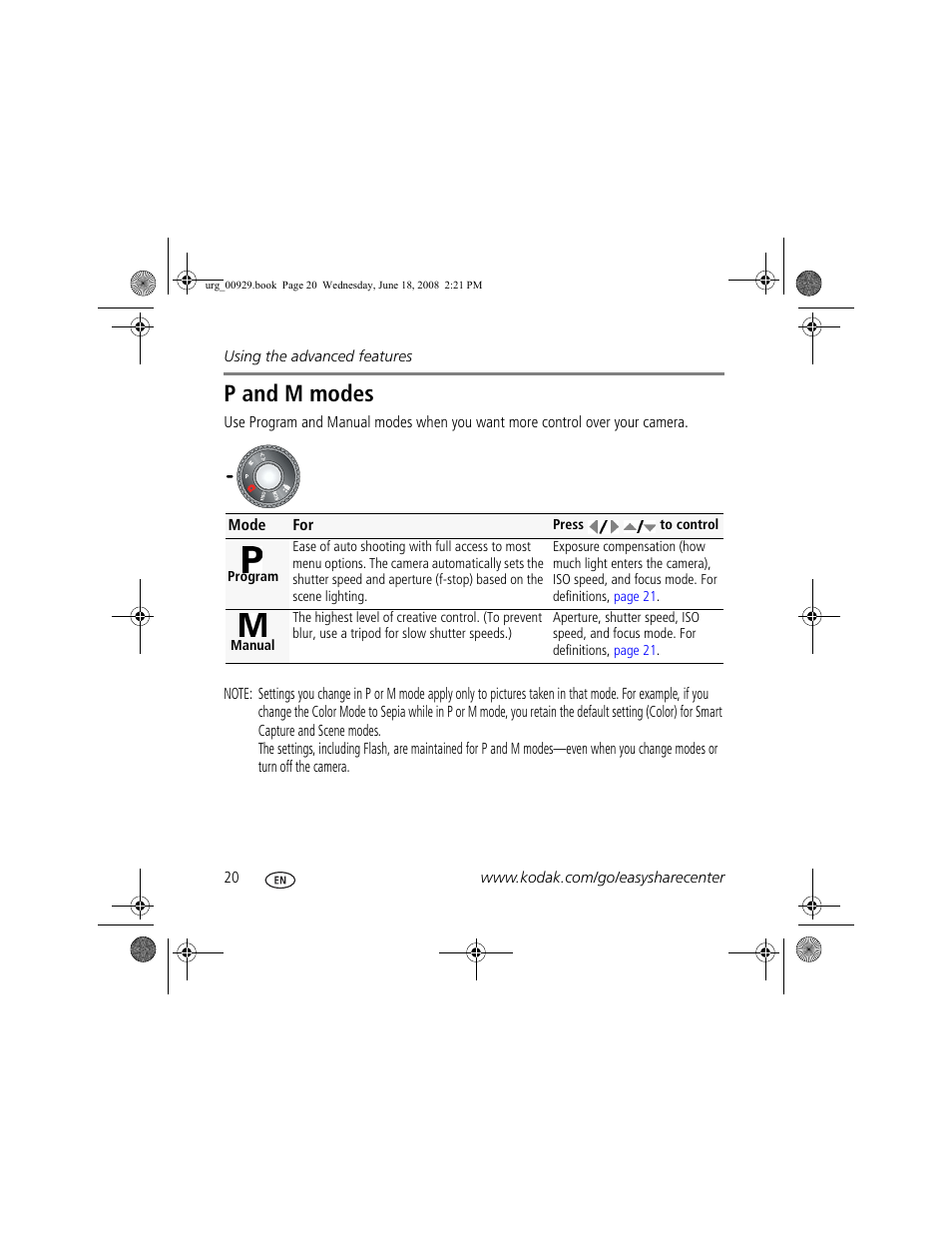 P and m modes | Kodak Z1485 IS User Manual | Page 20 / 29