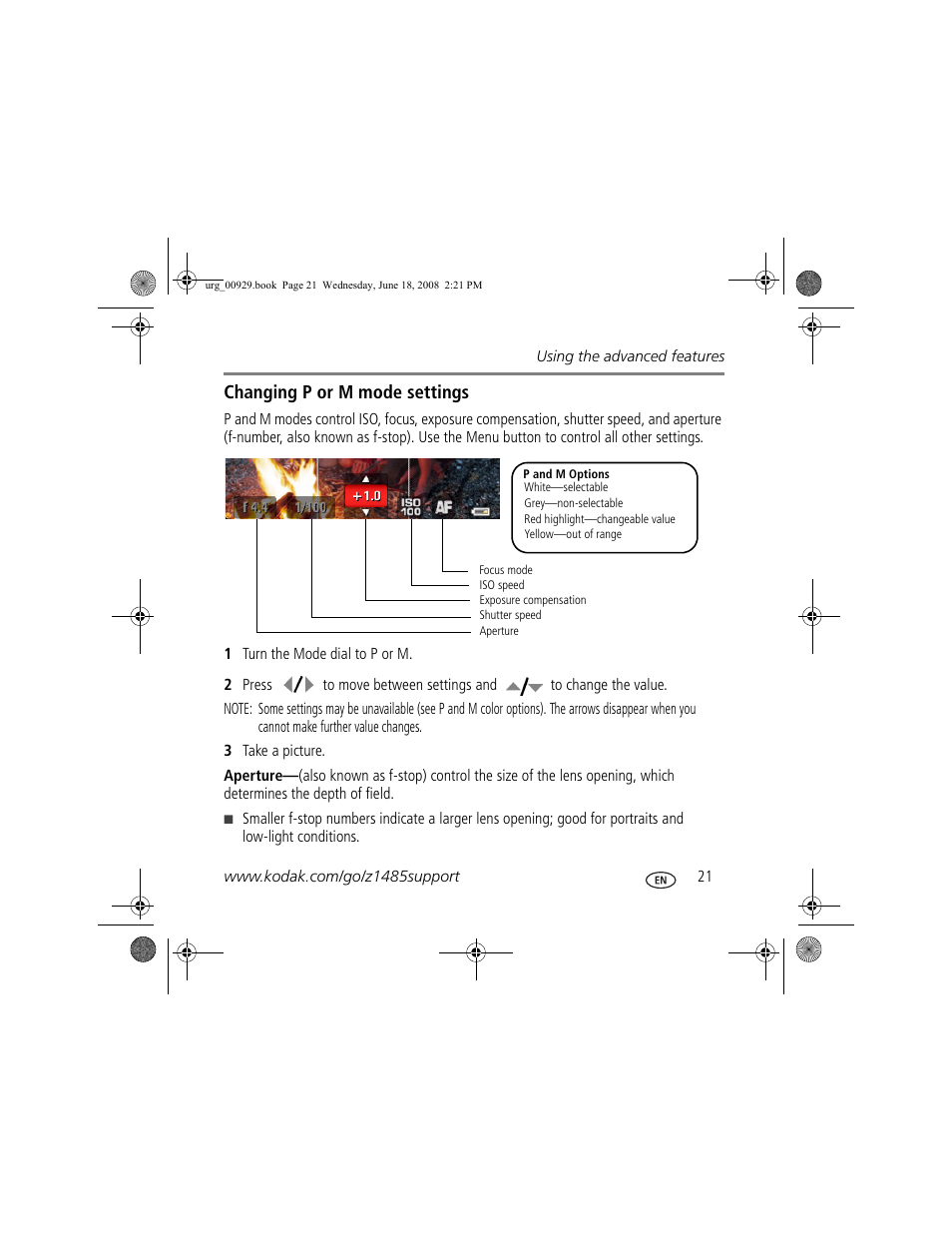 Changing p or m mode settings | Kodak Z1485 IS User Manual | Page 21 / 29