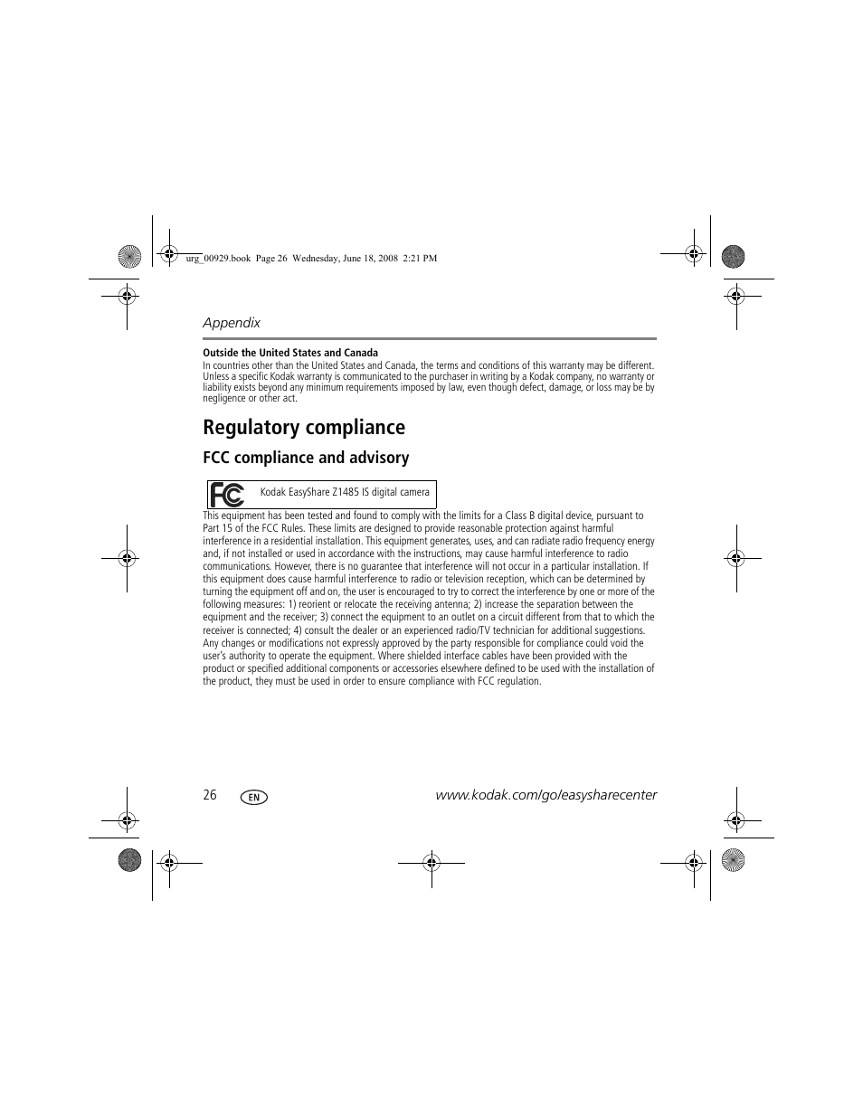 Regulatory compliance | Kodak Z1485 IS User Manual | Page 26 / 29