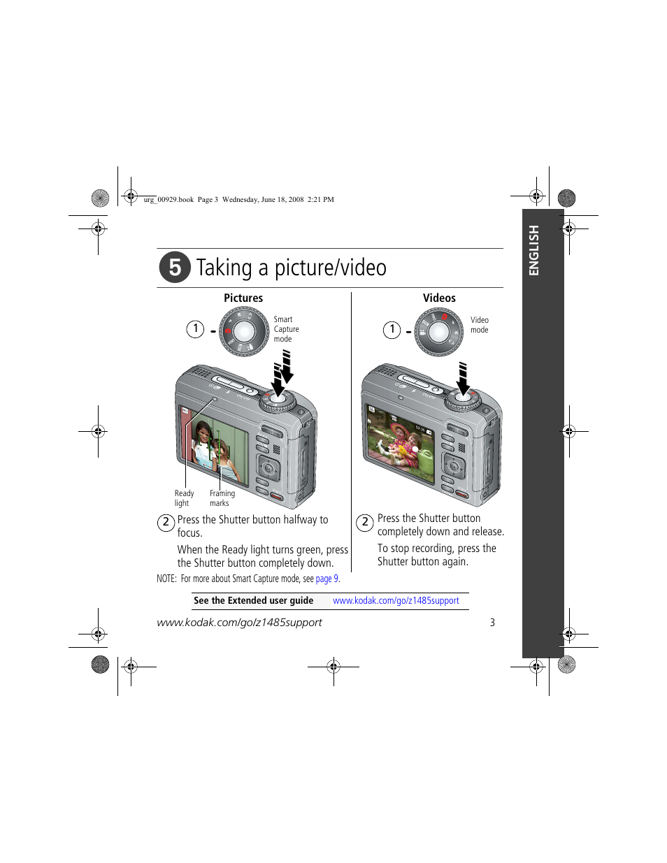 Taking a picture/video | Kodak Z1485 IS User Manual | Page 3 / 29