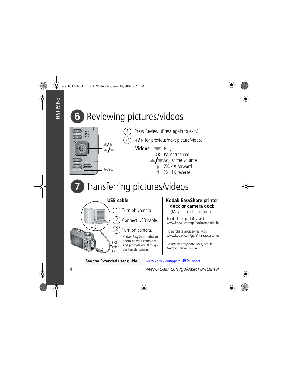 Reviewing pictures/videos, Transferring pictures/videos | Kodak Z1485 IS User Manual | Page 4 / 29