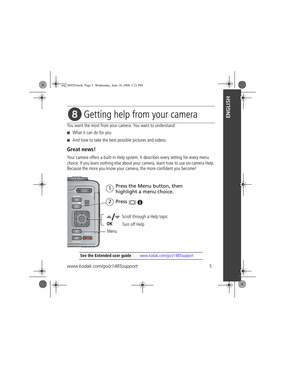 Getting help from your camera | Kodak Z1485 IS User Manual | Page 5 / 29