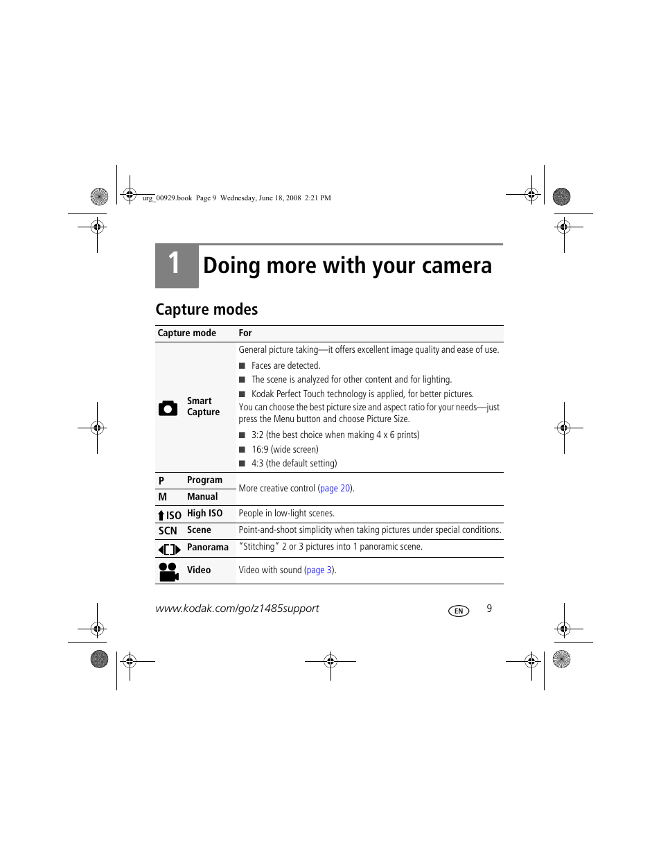 Doing more with your camera, Capture modes | Kodak Z1485 IS User Manual | Page 9 / 29