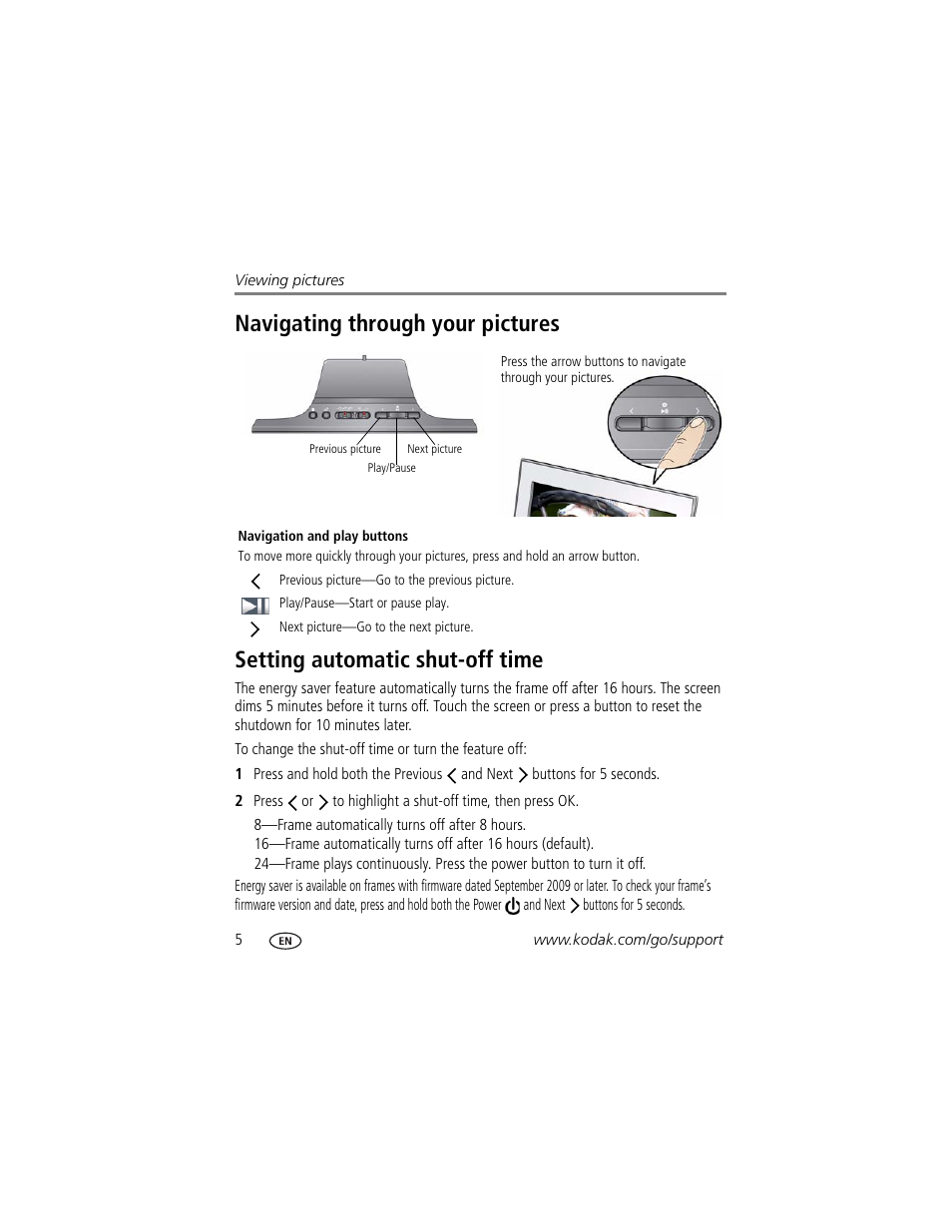 Navigating through your pictures, Setting automatic shut-off time | Kodak P725 User Manual | Page 10 / 29