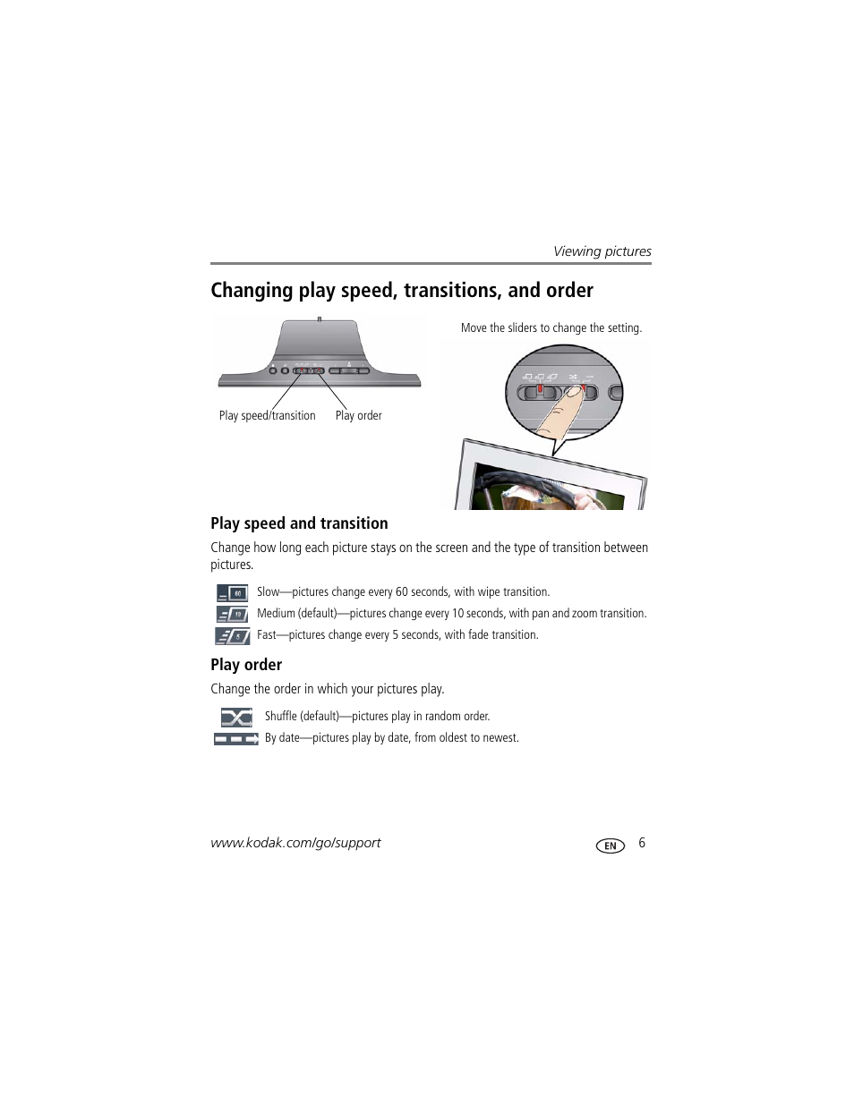Changing play speed, transitions, and order, Play speed and transition, Play order | Kodak P725 User Manual | Page 11 / 29