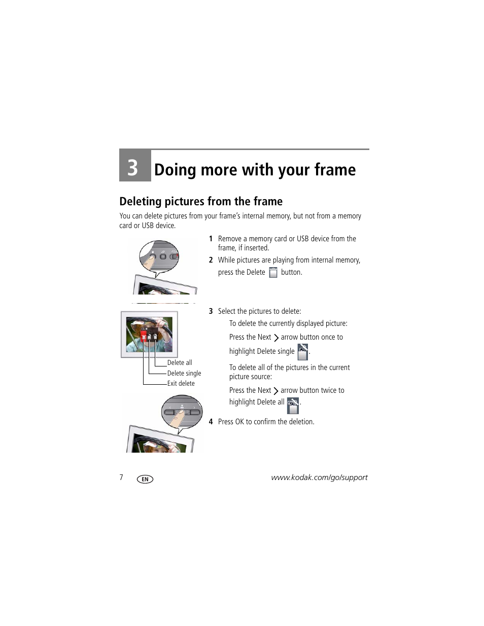 Doing more with your frame, Deleting pictures from the frame, 3 doing more with your frame | Kodak P725 User Manual | Page 12 / 29
