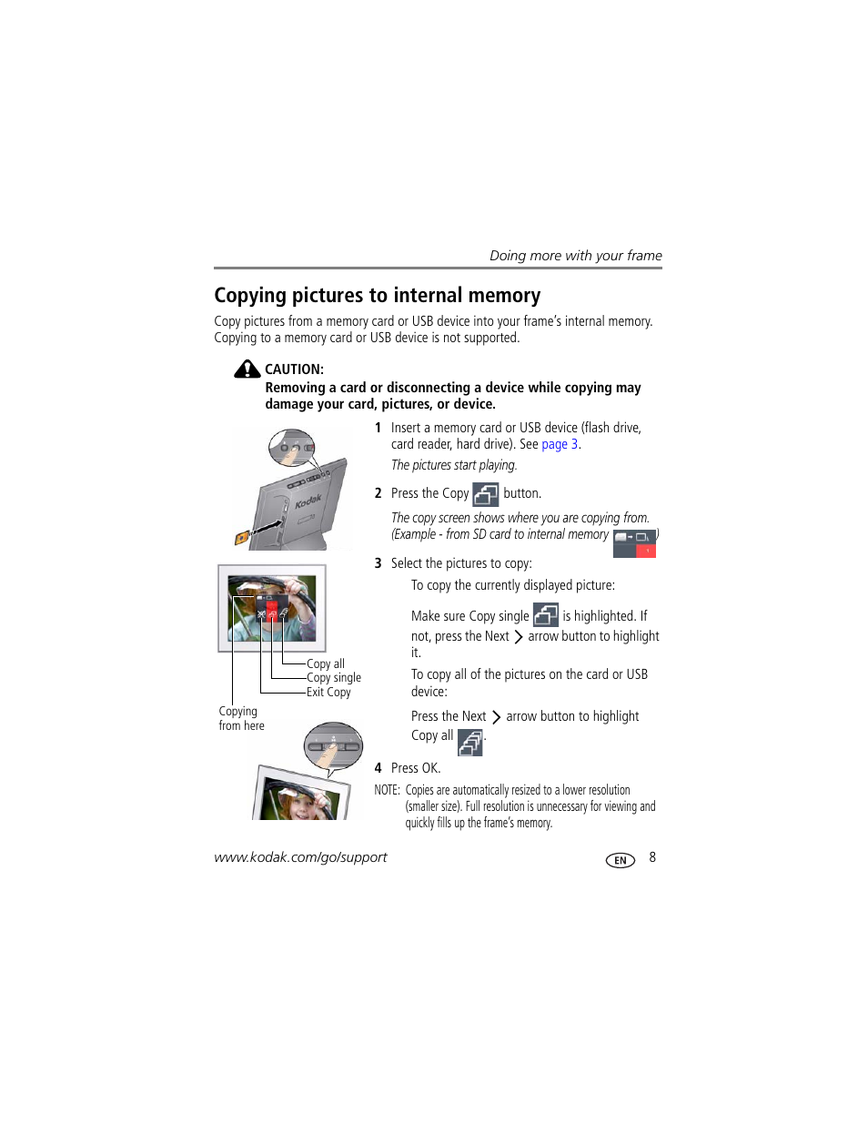 Copying pictures to internal memory | Kodak P725 User Manual | Page 13 / 29