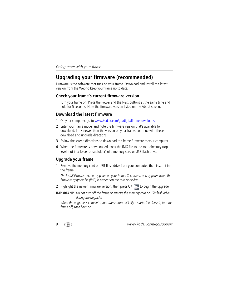 Upgrading your firmware (recommended), Check your frame’s current firmware version, Download the latest firmware | Upgrade your frame | Kodak P725 User Manual | Page 14 / 29