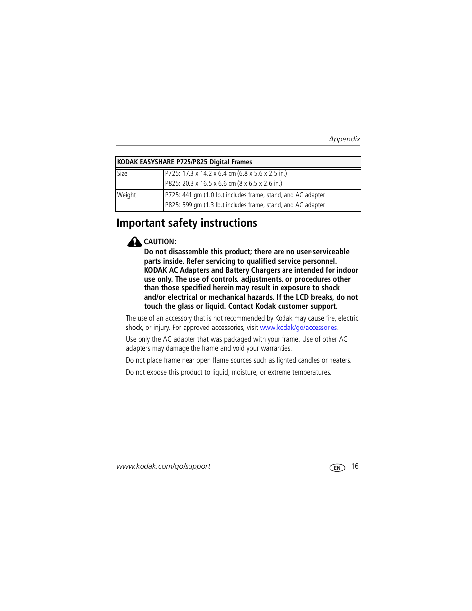 Important safety instructions | Kodak P725 User Manual | Page 21 / 29