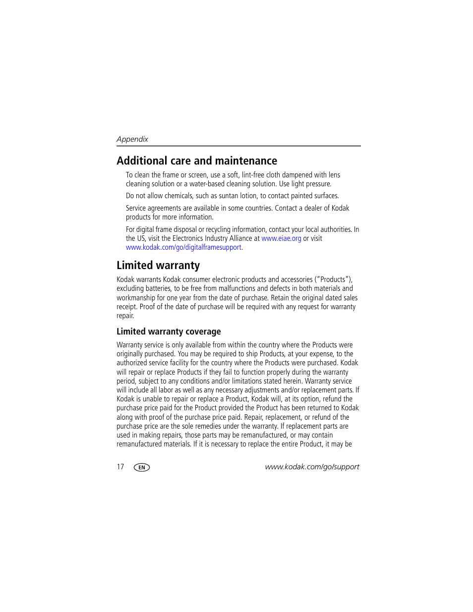 Additional care and maintenance, Limited warranty, Limited warranty coverage | Additional care and maintenance limited warranty | Kodak P725 User Manual | Page 22 / 29