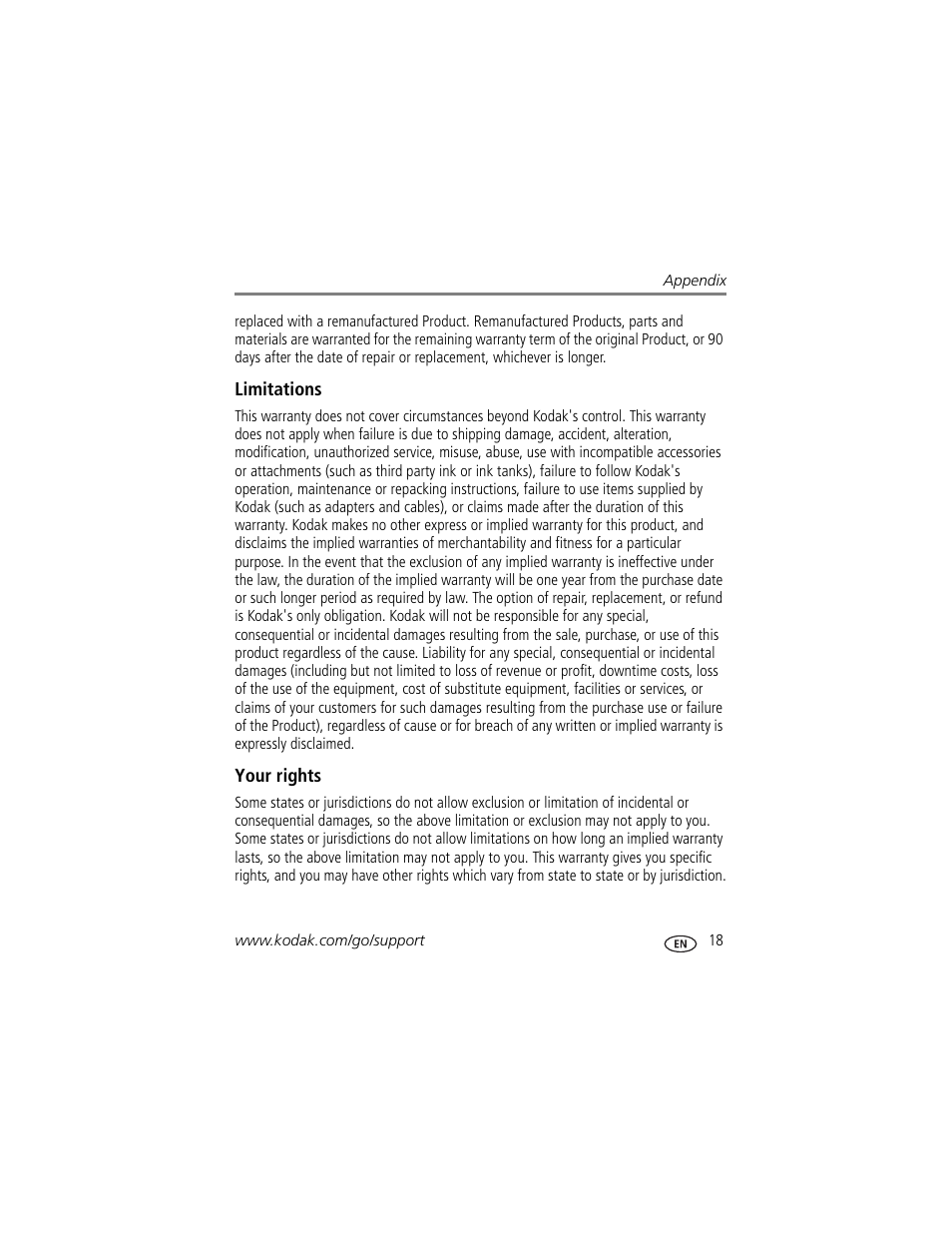 Limitations, Your rights | Kodak P725 User Manual | Page 23 / 29
