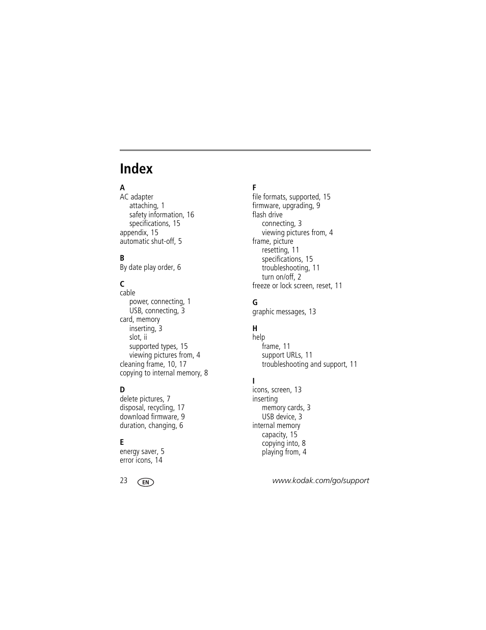 Index | Kodak P725 User Manual | Page 28 / 29