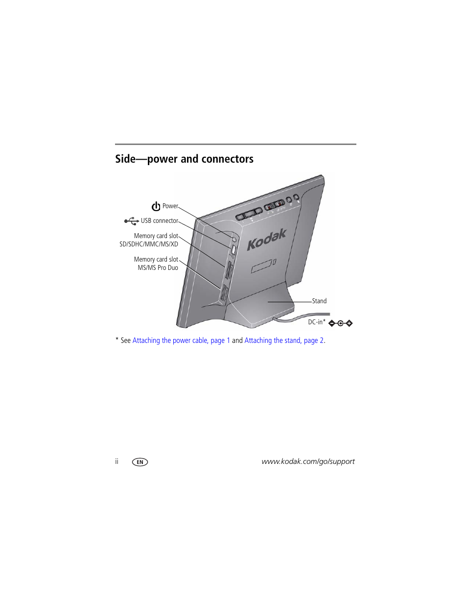 Side—power and connectors | Kodak P725 User Manual | Page 4 / 29