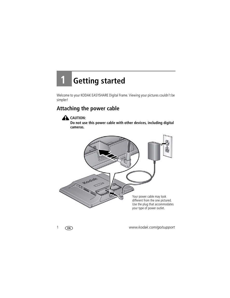 Getting started, Attaching the power cable, 1 getting started | Kodak P725 User Manual | Page 6 / 29