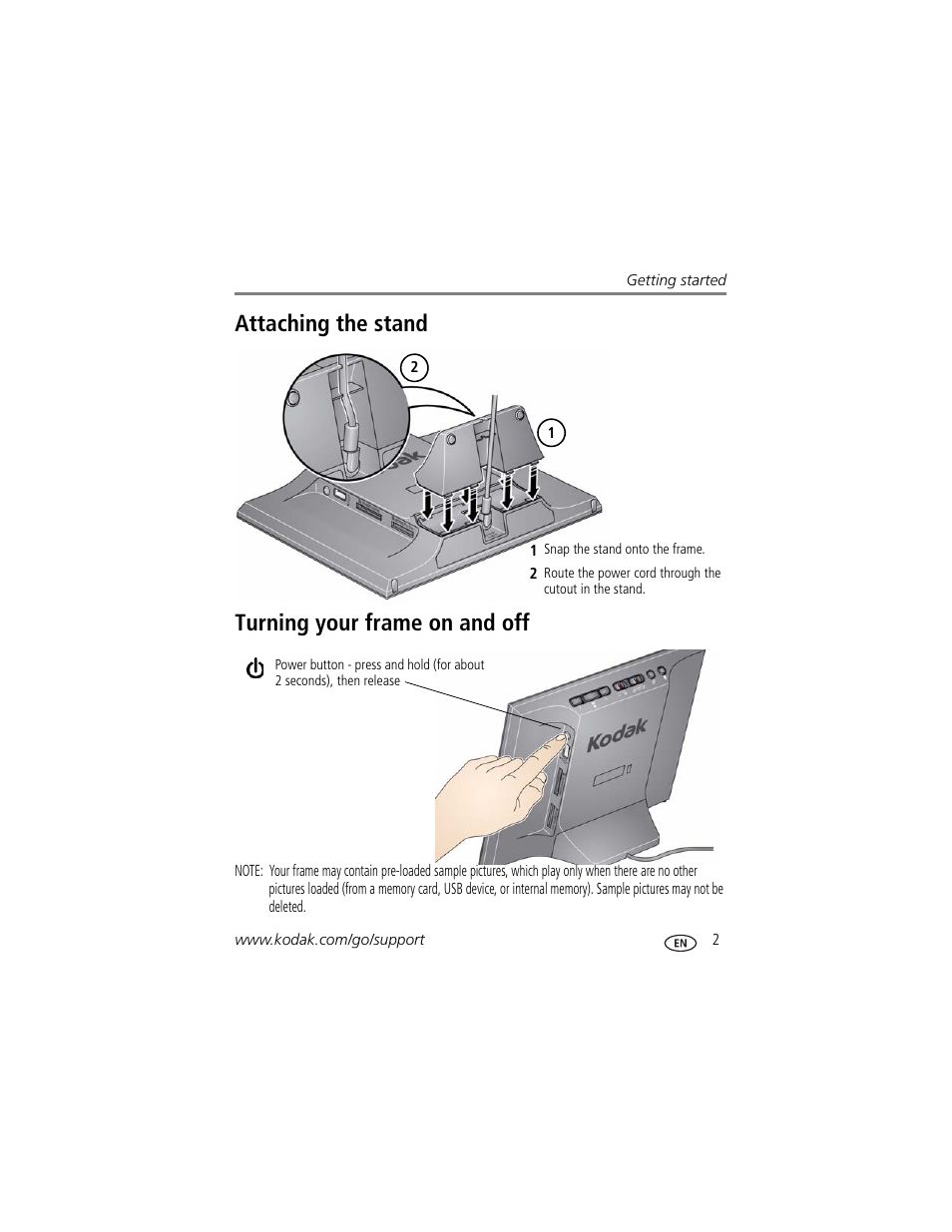 Attaching the stand, Turning your frame on and off, Attaching the stand turning your frame on and off | Kodak P725 User Manual | Page 7 / 29