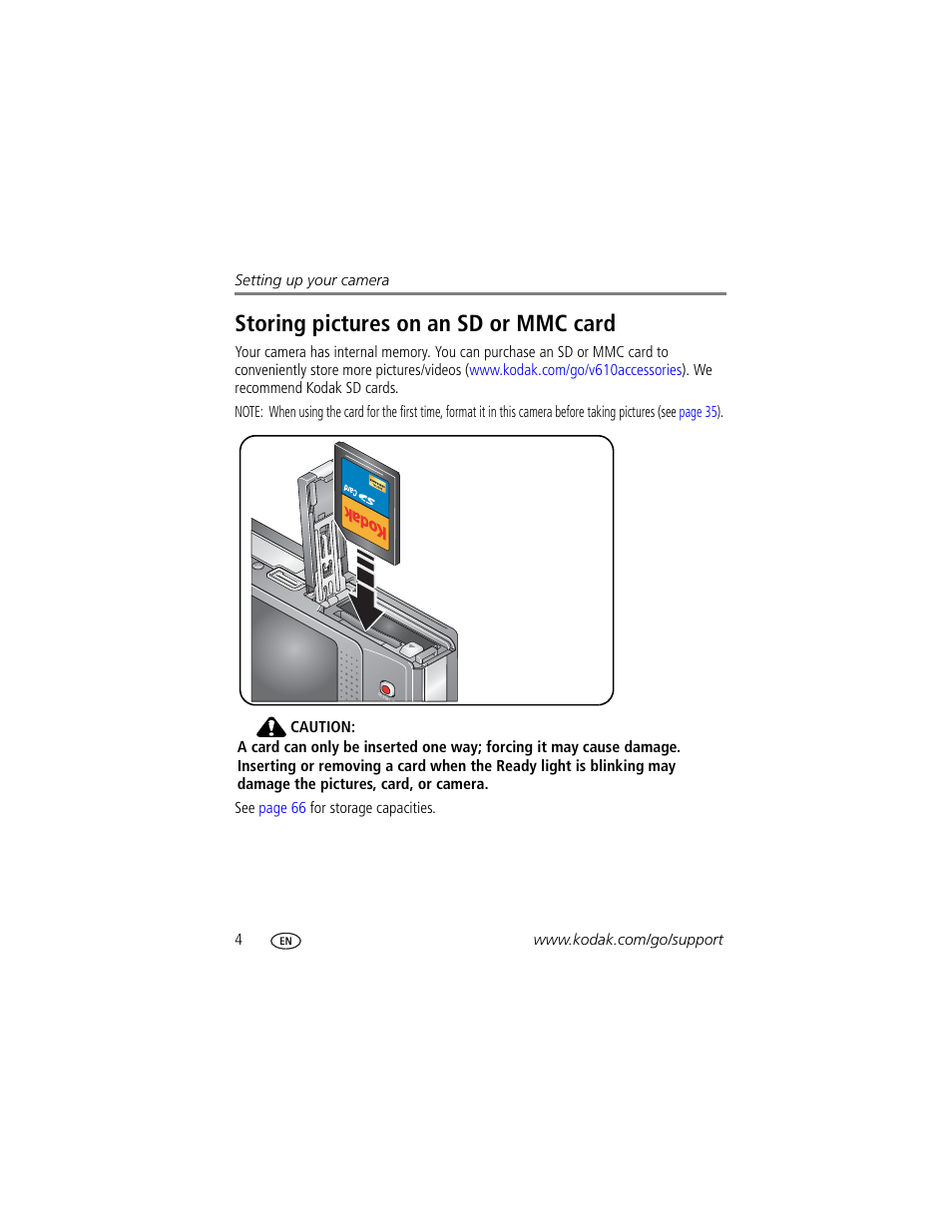 Storing pictures on an sd or mmc card | Kodak V610 User Manual | Page 10 / 87