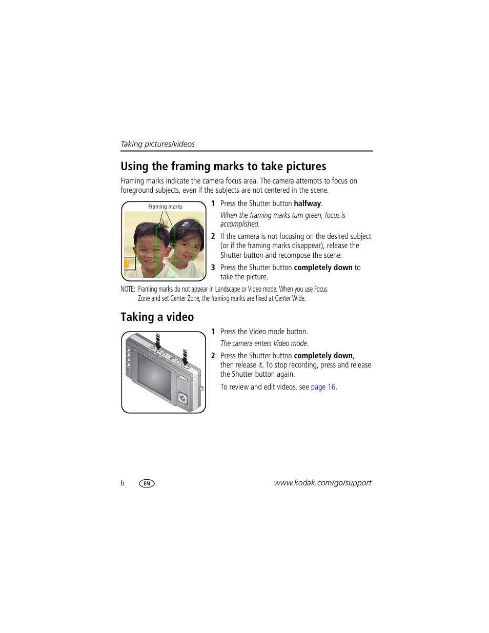Taking a video, Using the framing marks to take pictures | Kodak V610 User Manual | Page 12 / 87