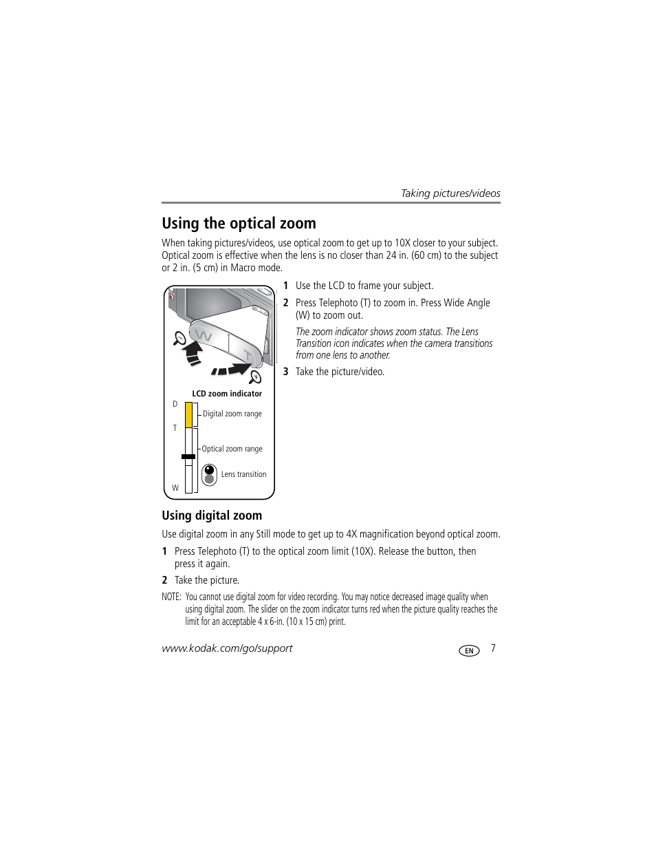 Using digital zoom, Using the optical zoom | Kodak V610 User Manual | Page 13 / 87