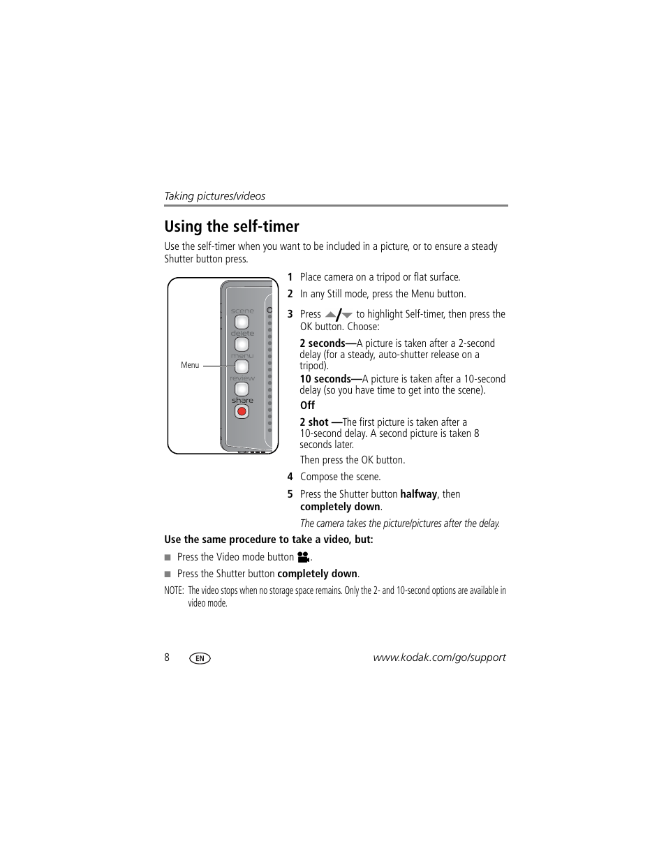 Using the self-timer | Kodak V610 User Manual | Page 14 / 87