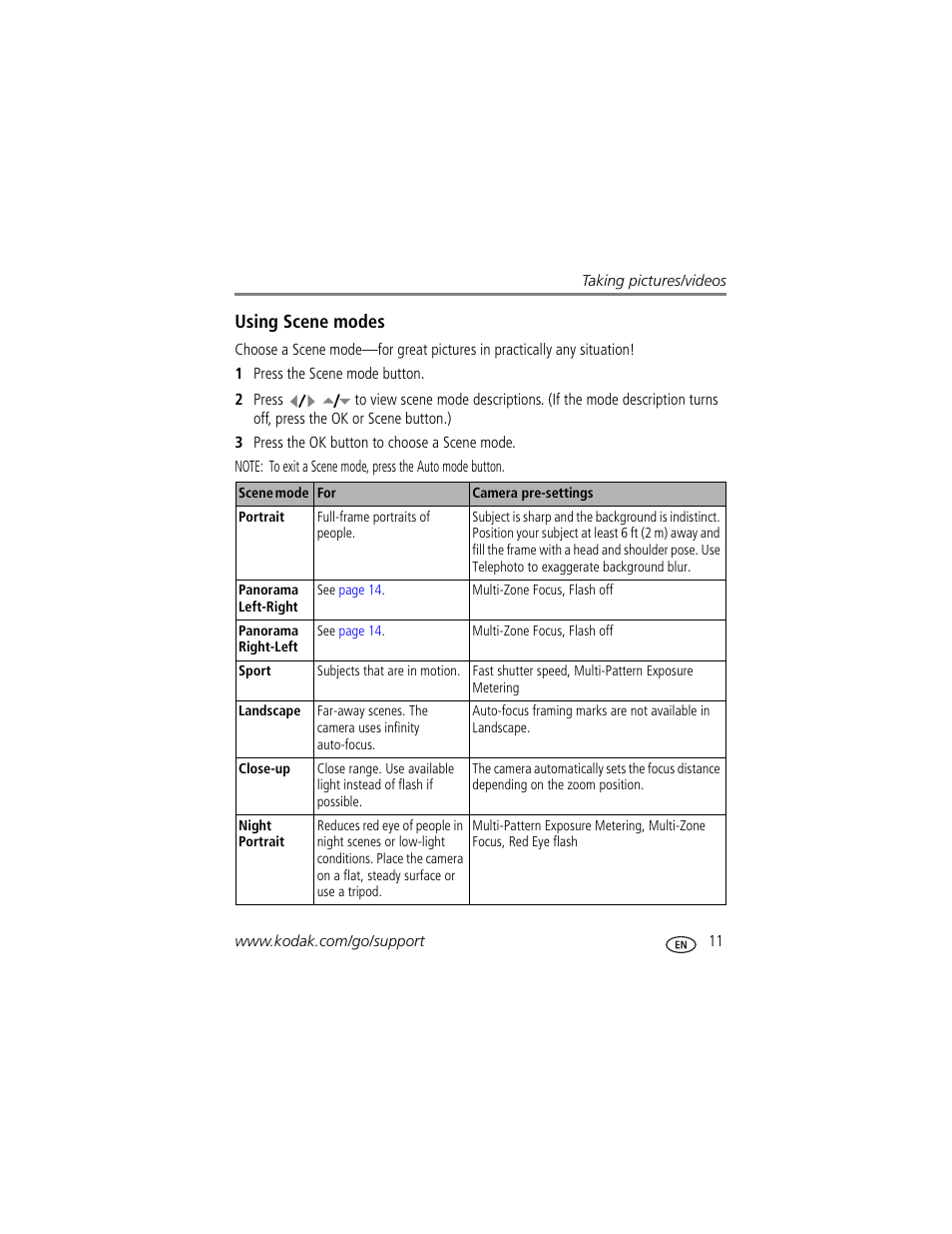 Using scene modes | Kodak V610 User Manual | Page 17 / 87