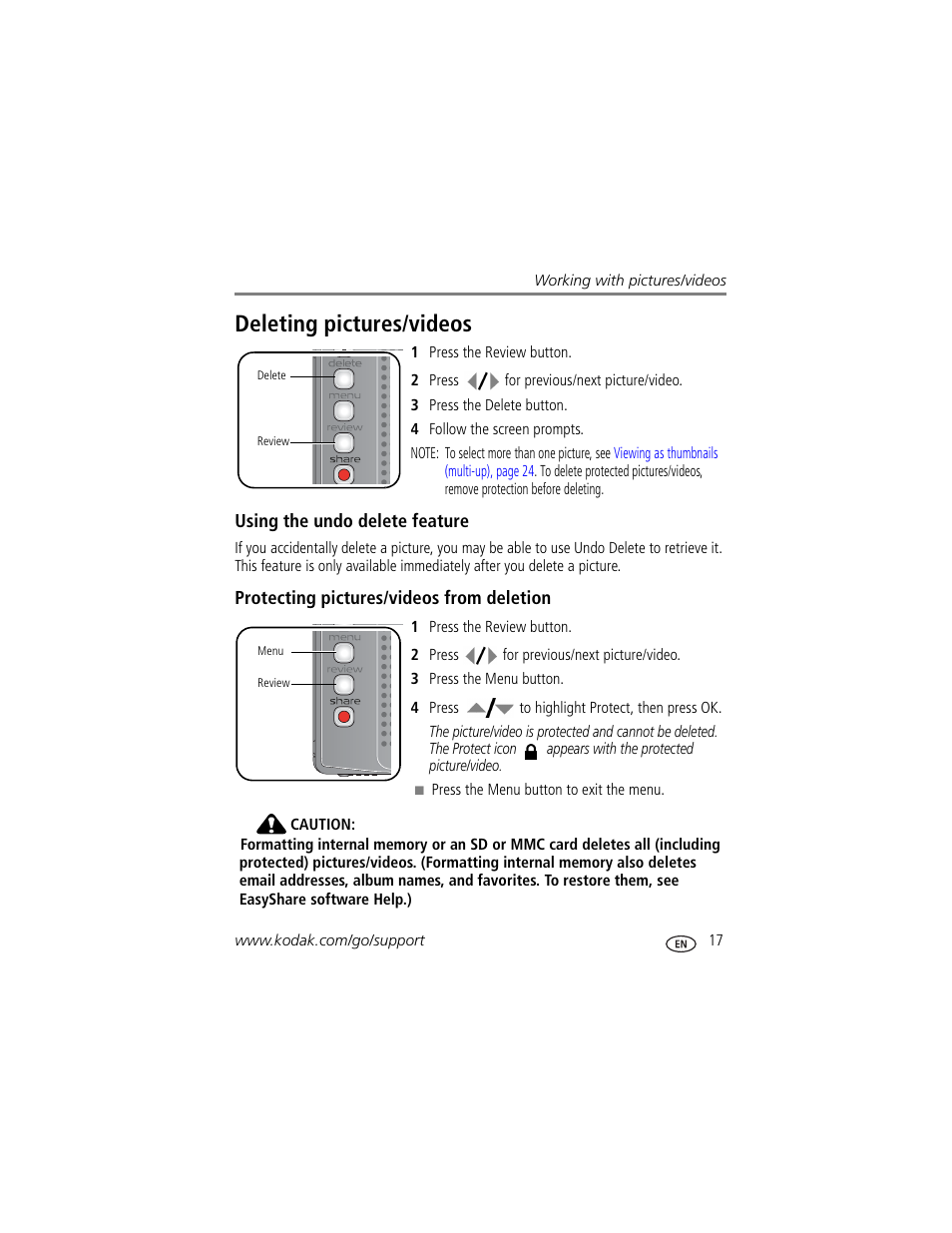 Deleting pictures/videos, Using the undo delete feature, Protecting pictures/videos from deletion | Kodak V610 User Manual | Page 23 / 87