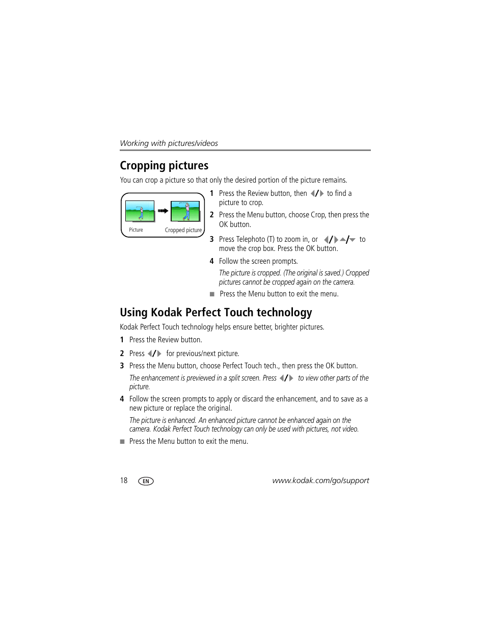 Using kodak perfect touch technology, Cropping pictures | Kodak V610 User Manual | Page 24 / 87