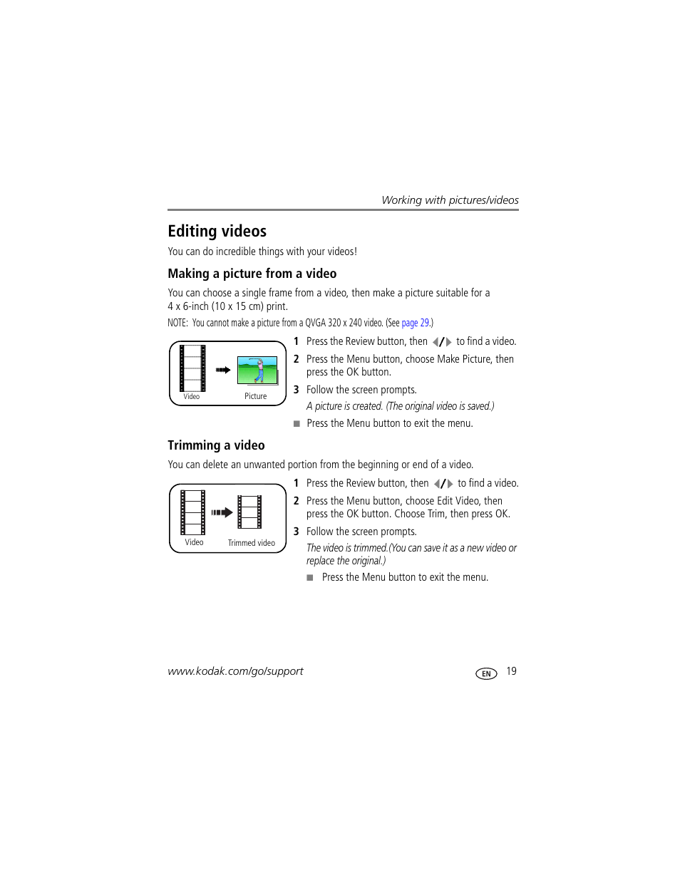 Making a picture from a video, Trimming a video, Editing videos | Kodak V610 User Manual | Page 25 / 87