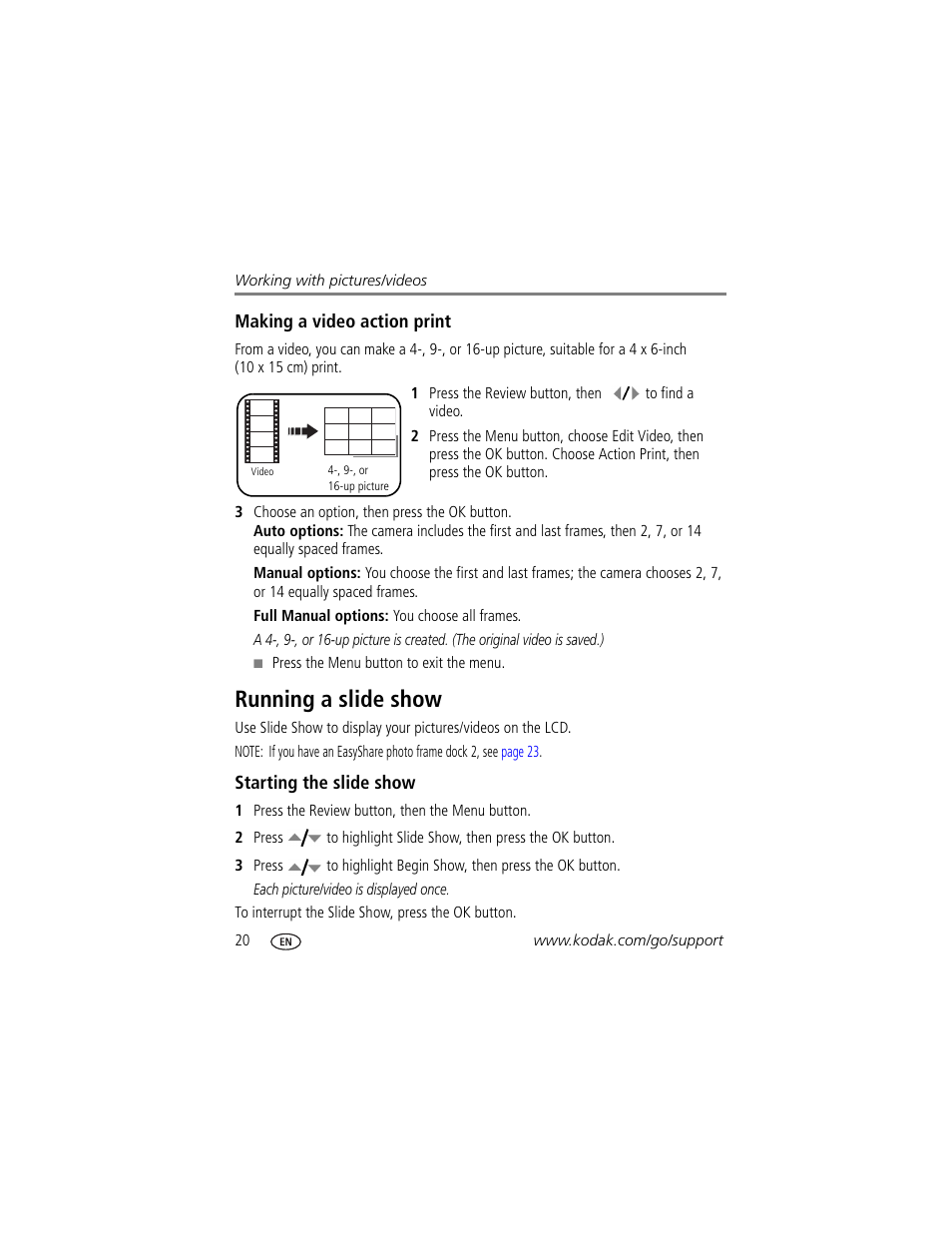 Running a slide show, Starting the slide show | Kodak V610 User Manual | Page 26 / 87
