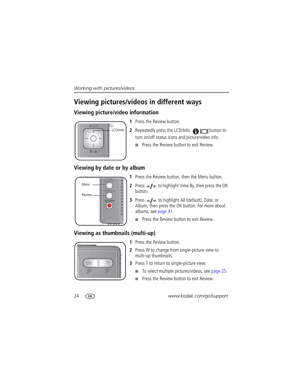 Viewing picture/video information, Viewing by date or by album, Viewing as thumbnails (multi-up) | Viewing pictures/videos in different ways | Kodak V610 User Manual | Page 30 / 87