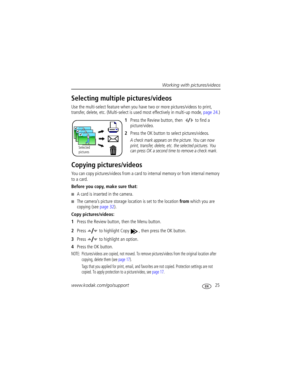 Selecting multiple pictures/videos, Copying pictures/videos | Kodak V610 User Manual | Page 31 / 87