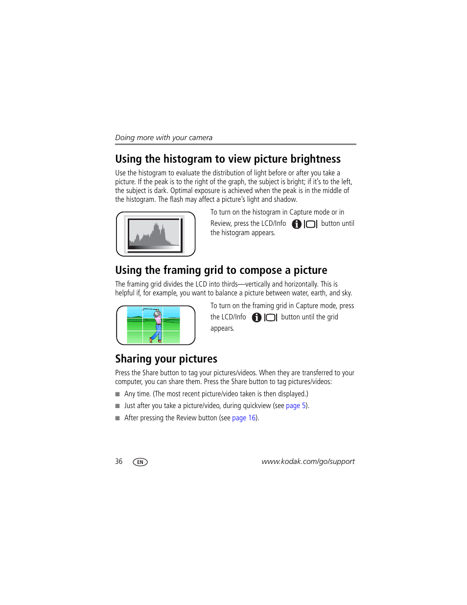 Using the framing grid to compose a picture, Sharing your pictures, Using the histogram to view picture brightness | Kodak V610 User Manual | Page 42 / 87