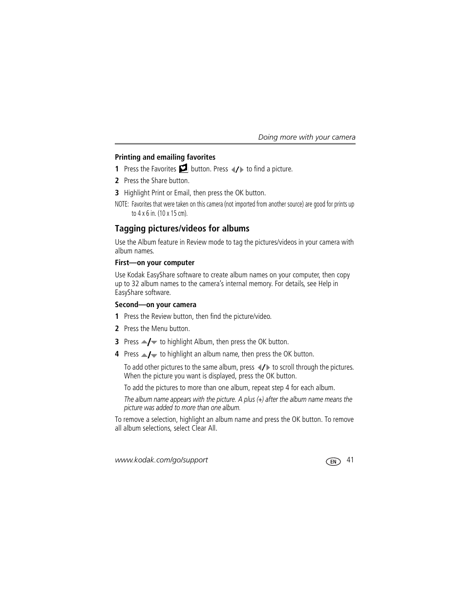 Tagging pictures/videos for albums, First-on your computer, Second-on your camera | Kodak V610 User Manual | Page 47 / 87