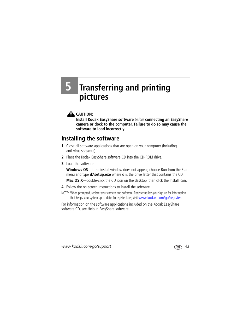 Transferring and printing pictures, Installing the software, 5 transferring and printing pictures | Kodak V610 User Manual | Page 49 / 87