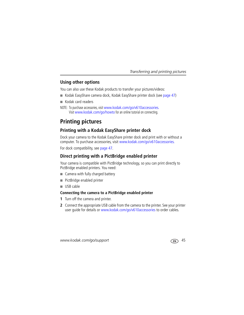 Printing pictures, Printing with a kodak easyshare printer dock, Direct printing with a pictbridge enabled printer | Kodak V610 User Manual | Page 51 / 87