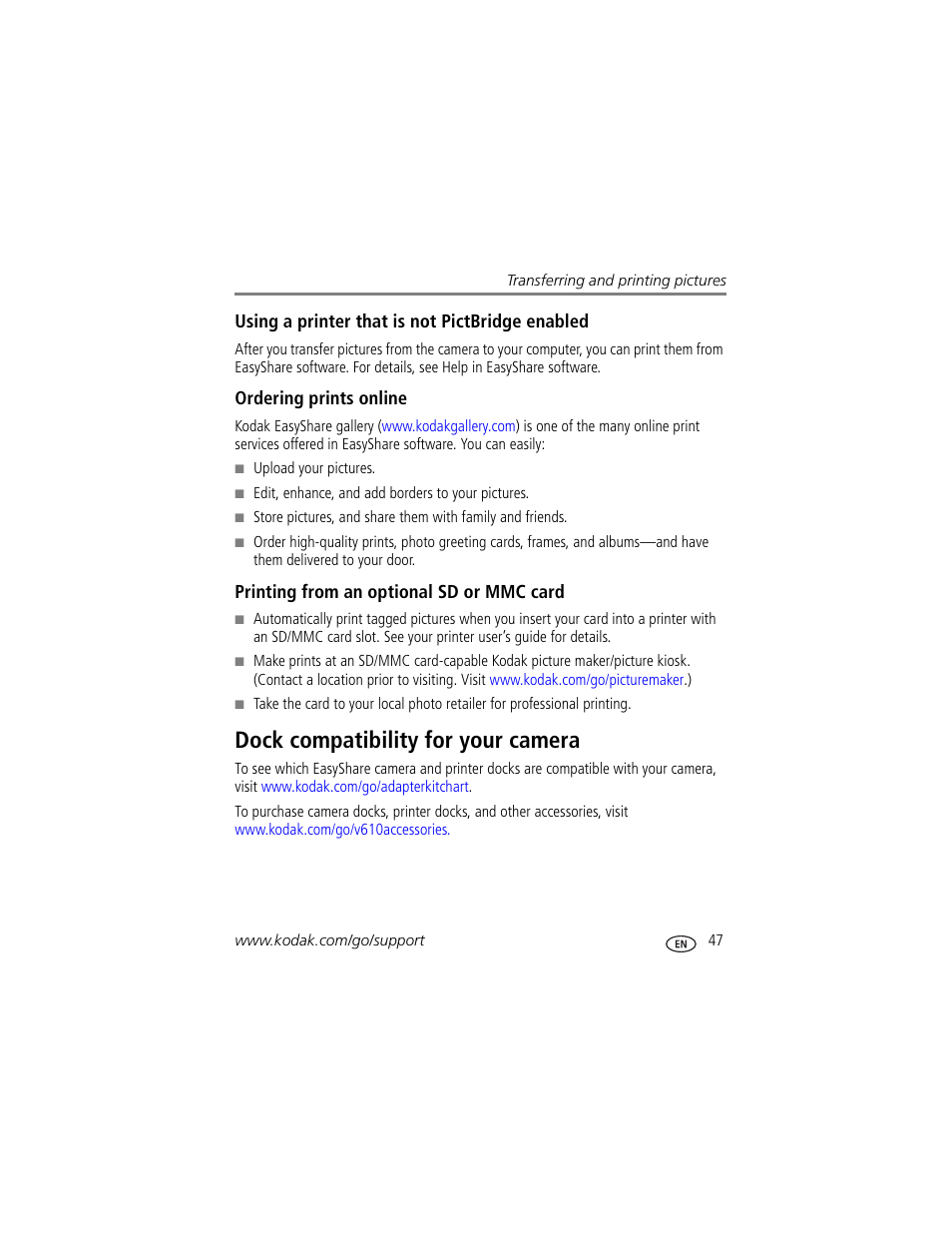 Ordering prints online, Printing from an optional sd or mmc card, Dock compatibility for your camera | Kodak V610 User Manual | Page 53 / 87