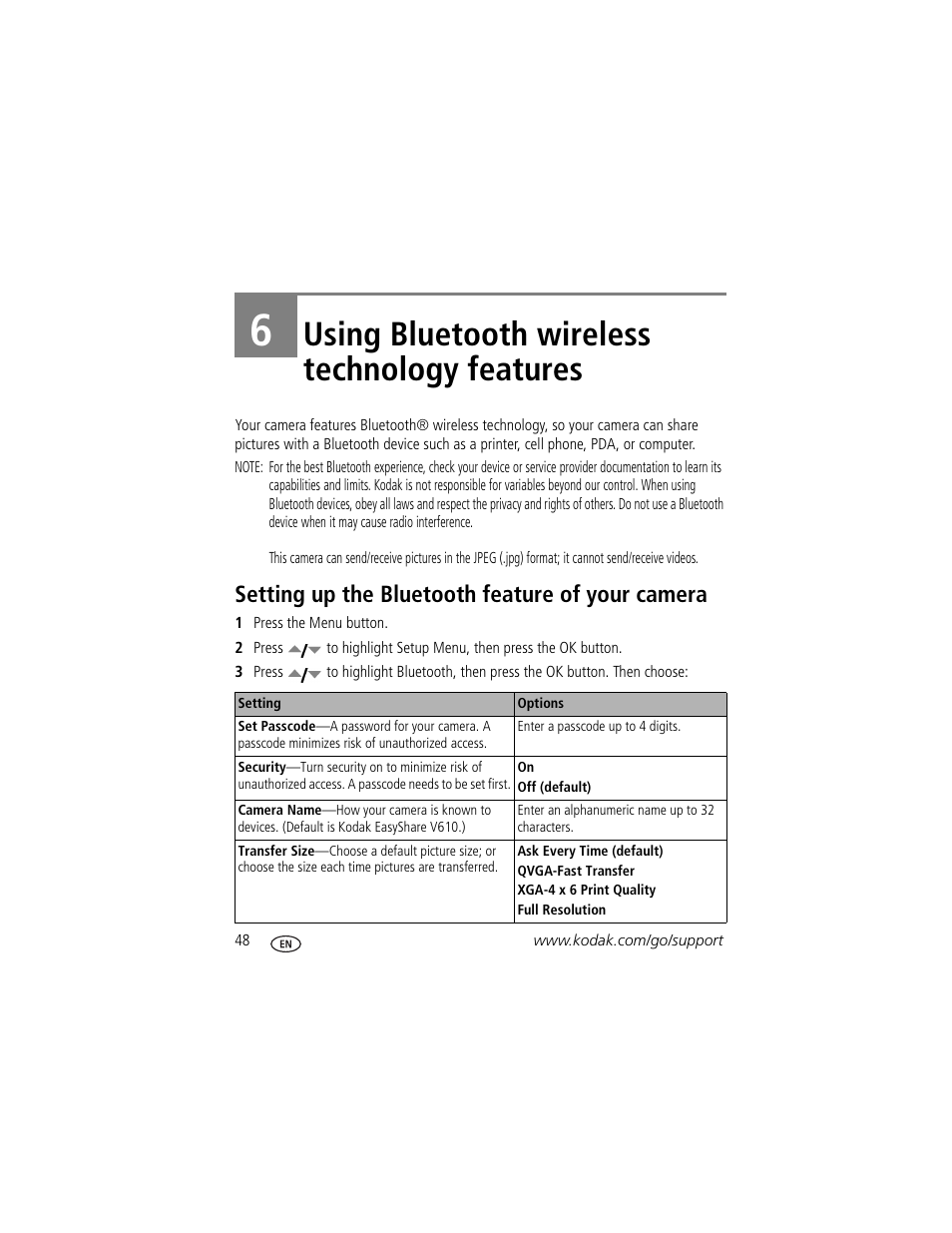 Using bluetooth wireless technology features, Setting up the bluetooth feature of your camera, 6 using bluetooth wireless technology features | Kodak V610 User Manual | Page 54 / 87
