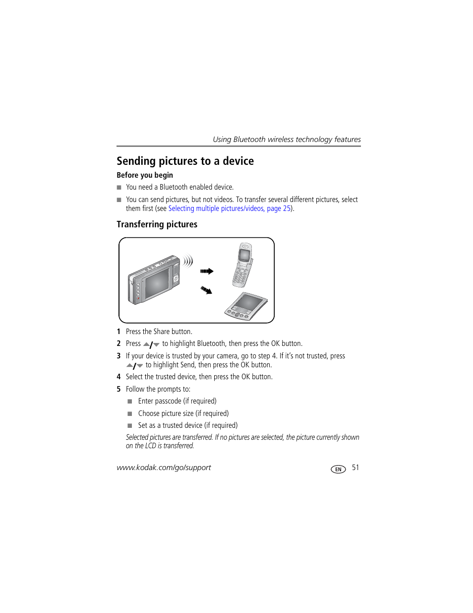 Transferring pictures, Sending pictures to a device | Kodak V610 User Manual | Page 57 / 87