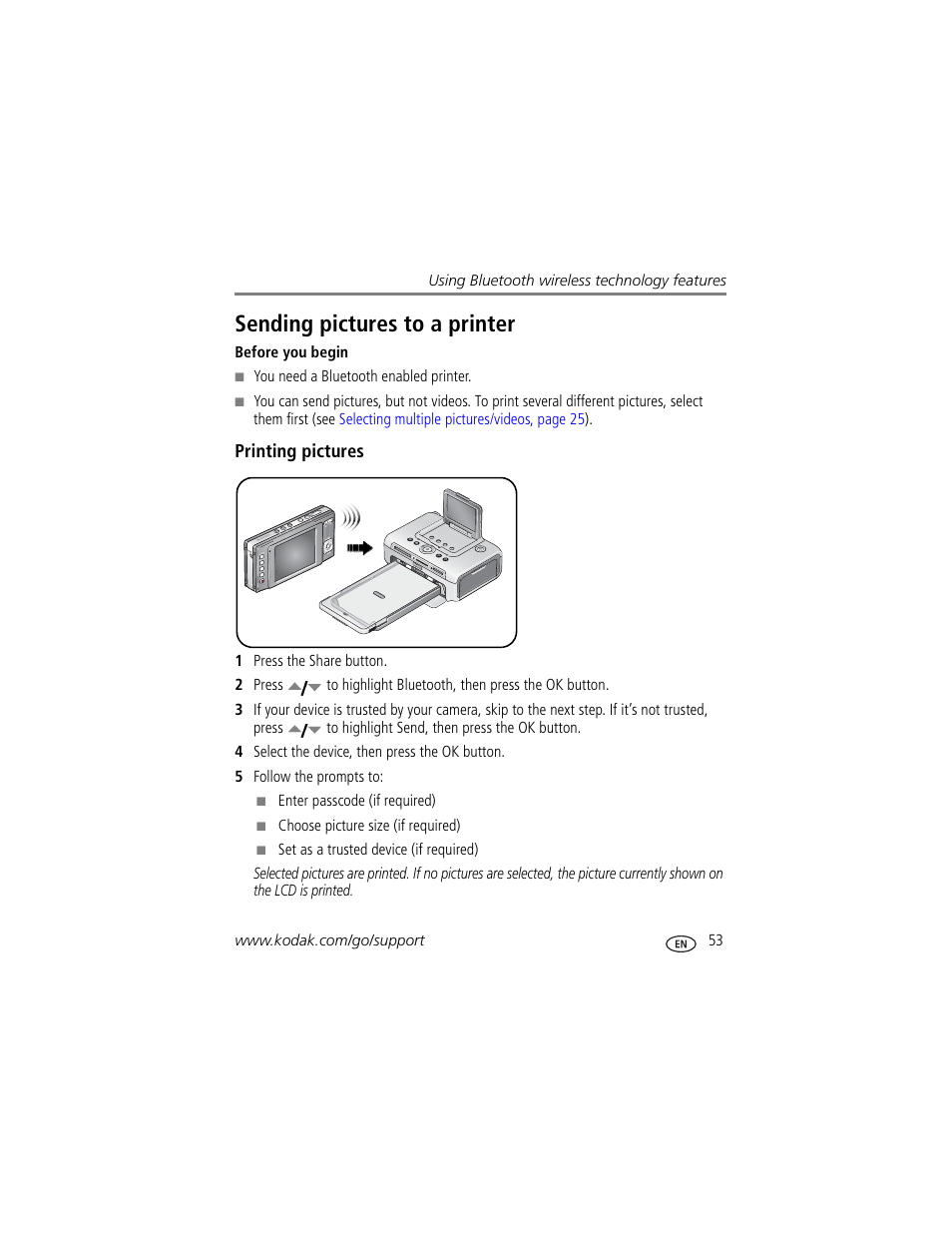 Printing pictures, Sending pictures to a printer | Kodak V610 User Manual | Page 59 / 87