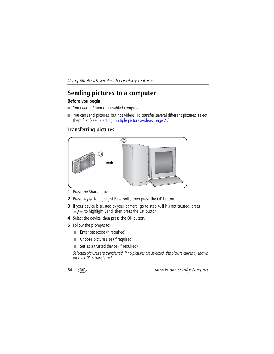 Transferring pictures, Sending pictures to a computer | Kodak V610 User Manual | Page 60 / 87