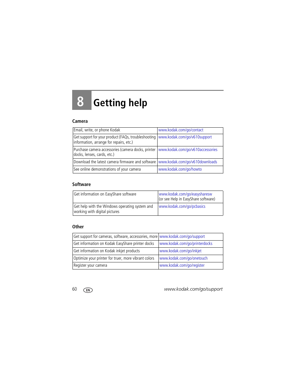 Getting help, 8 getting help | Kodak V610 User Manual | Page 66 / 87